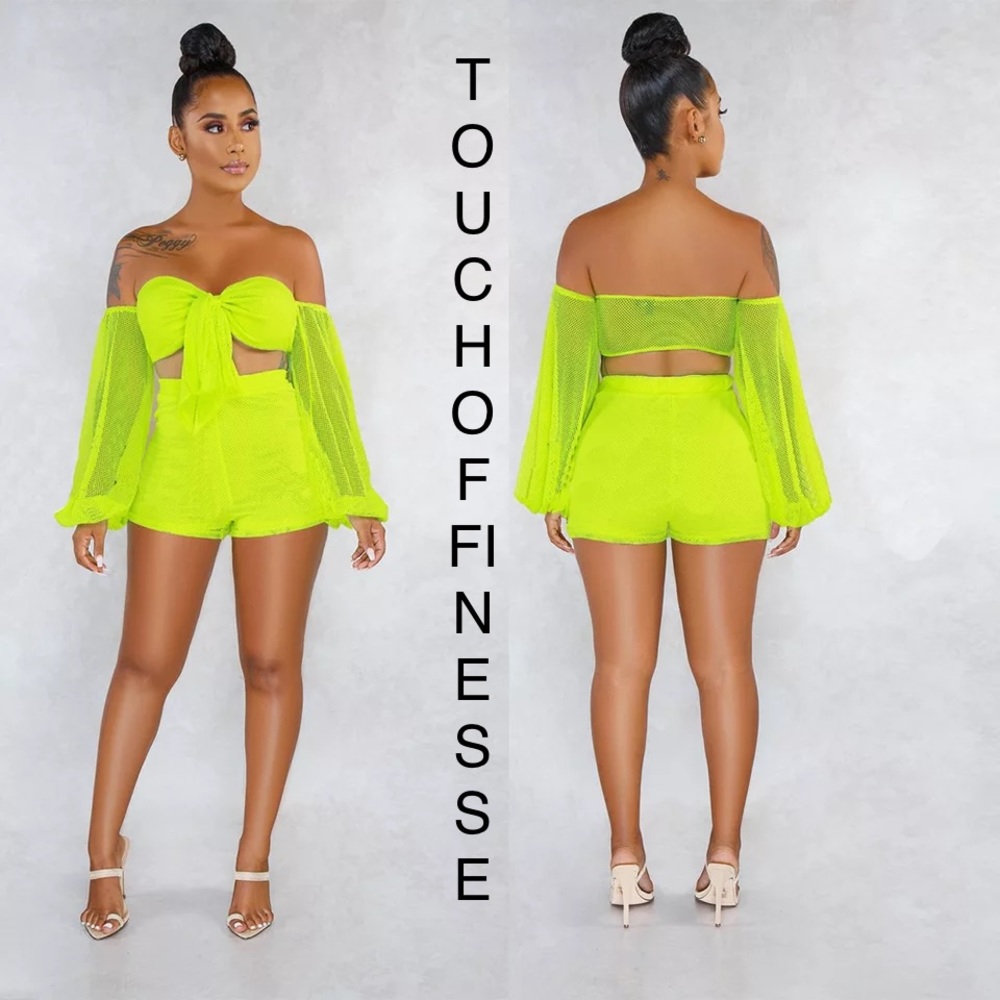 Neon Green Two Piece Fishnet Sheer Croptop/shorts